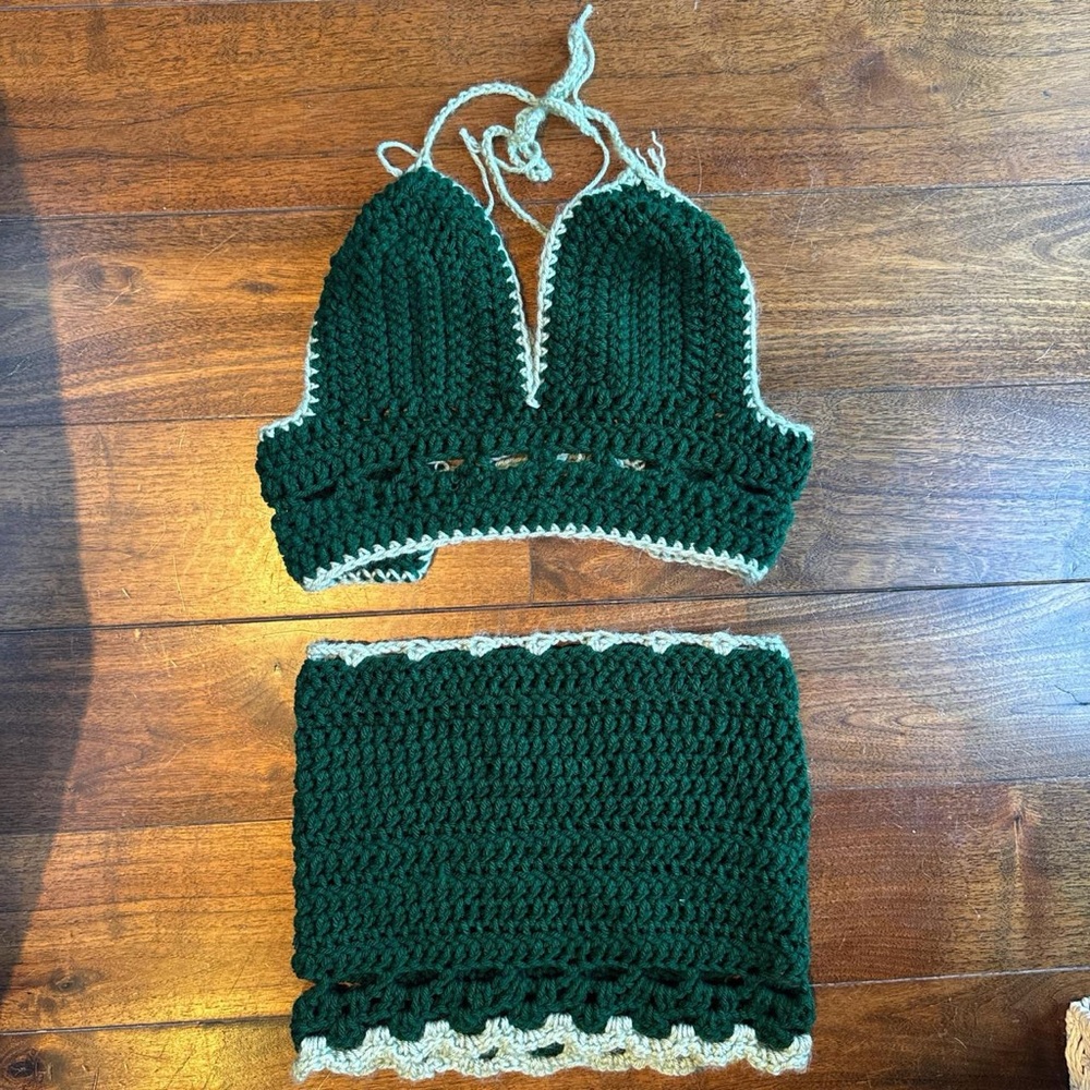 Green Crochet Halter Top and Skirt Set